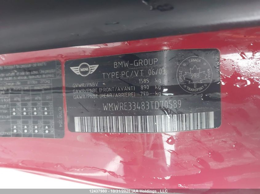 2003 Mini Cooper S VIN: WMWRE33483TD70589 Lot: 12437980