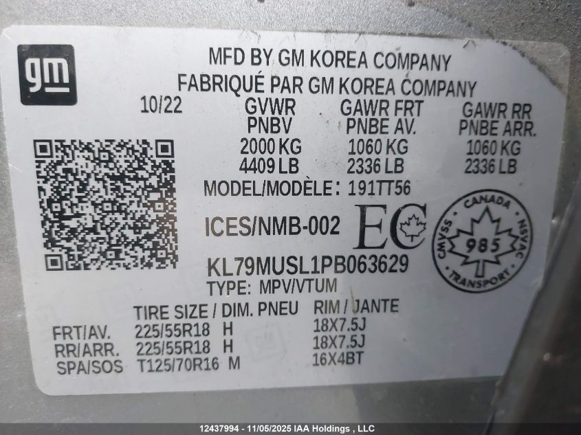 2023 Chevrolet Trailblazer Rs VIN: KL79MUSL1PB063629 Lot: 12437994