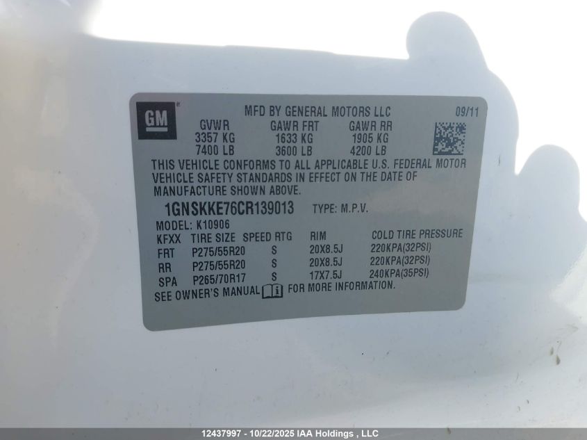 2012 Chevrolet Suburban 1500 Ltz VIN: 1GNSKKE76CR139013 Lot: 12437997