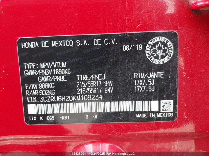 3CZRU6H20KM109234 2019 HONDA HR-V photo no. 9