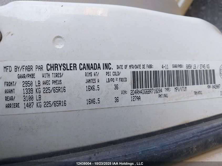 2011 Dodge Grand Caravan Express VIN: 2D4RN4DG6BR718204 Lot: 12438004