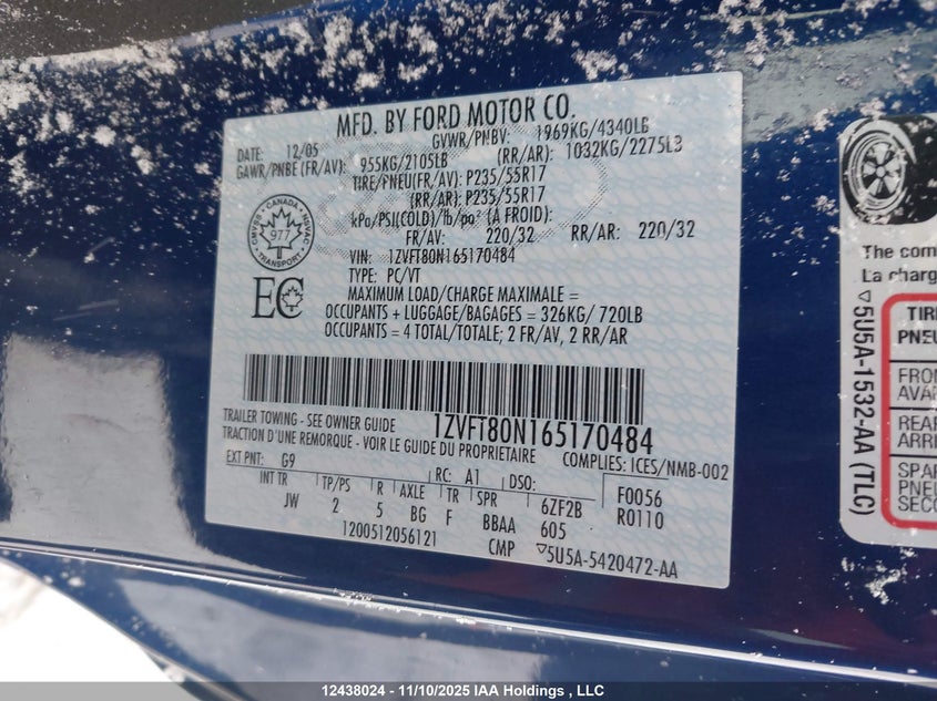 2006 Ford Mustang V6 VIN: 1ZVFT80N165170484 Lot: 12438024