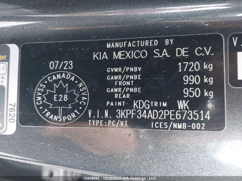 2023 Kia Forte VIN: 3KPF34AD2PE673514 Lot: 12438092