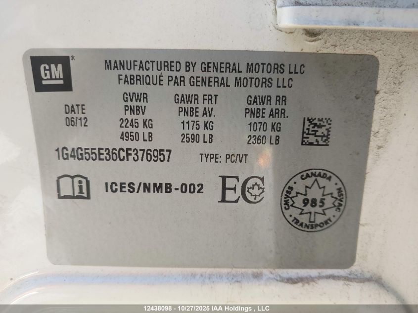 2012 Buick Lacrosse VIN: 1G4G55E36CF376957 Lot: 12438098