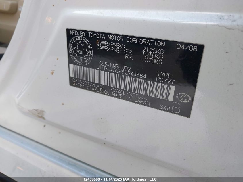 2008 Lexus Es 350 350 VIN: JTHBJ46G982244584 Lot: 12438099