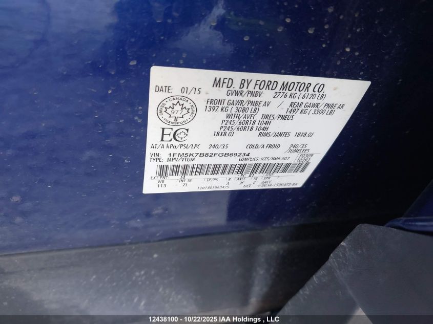 2015 Ford Explorer VIN: 1FM5K7B82FGB69234 Lot: 12438100