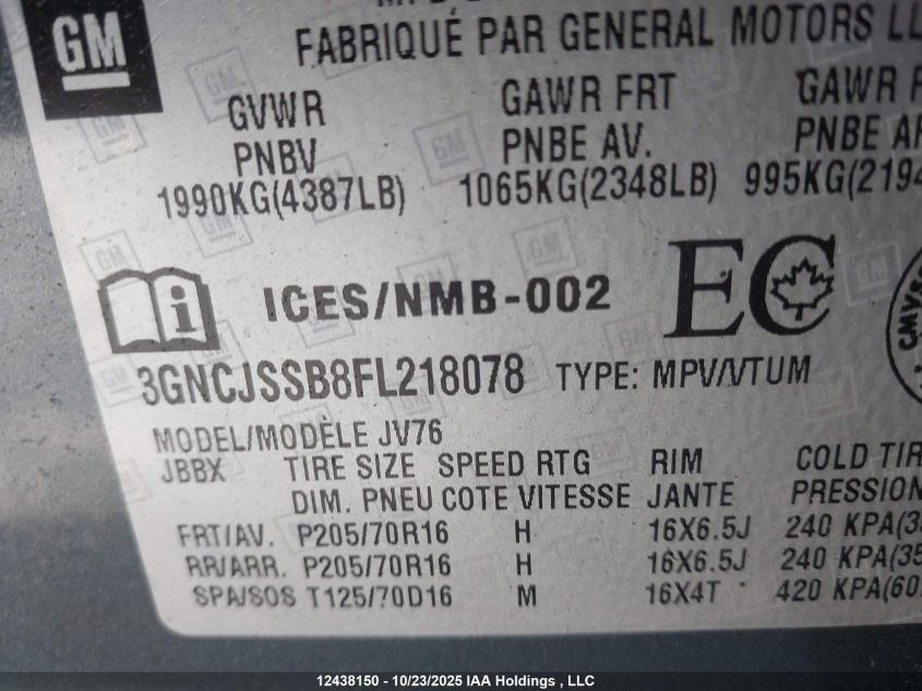 2015 Chevrolet Trax 2Lt VIN: 3GNCJSSB8FL218078 Lot: 12438150