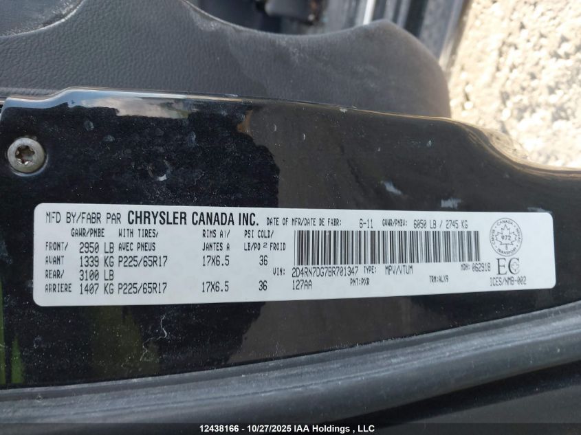 2011 Dodge Grand Caravan R/T VIN: 2D4RN7DG7BR701347 Lot: 12438166