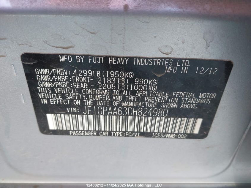 2013 Subaru Impreza VIN: JF1GPAA63DH824980 Lot: 12438212