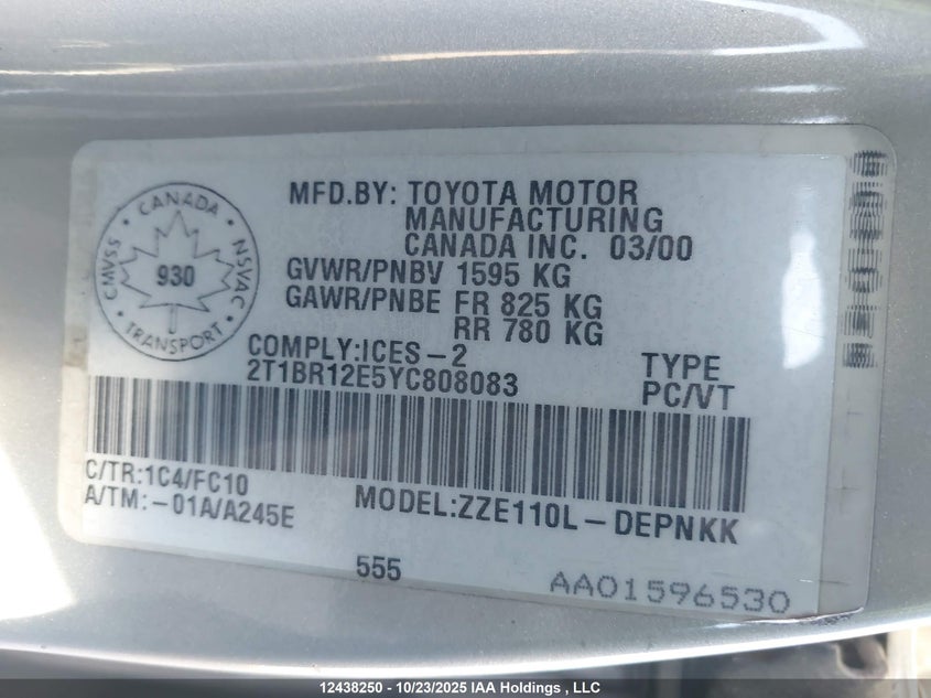 2T1BR12E5YC808083 2000 TOYOTA COROLLA photo no. 9