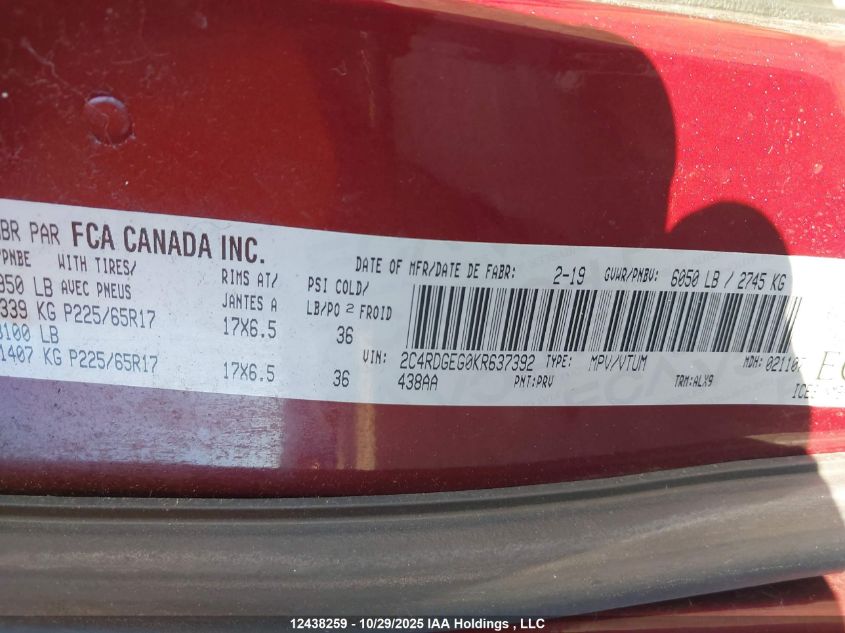 2019 Dodge Grand Caravan Gt VIN: 2C4RDGEG0KR637392 Lot: 12438259