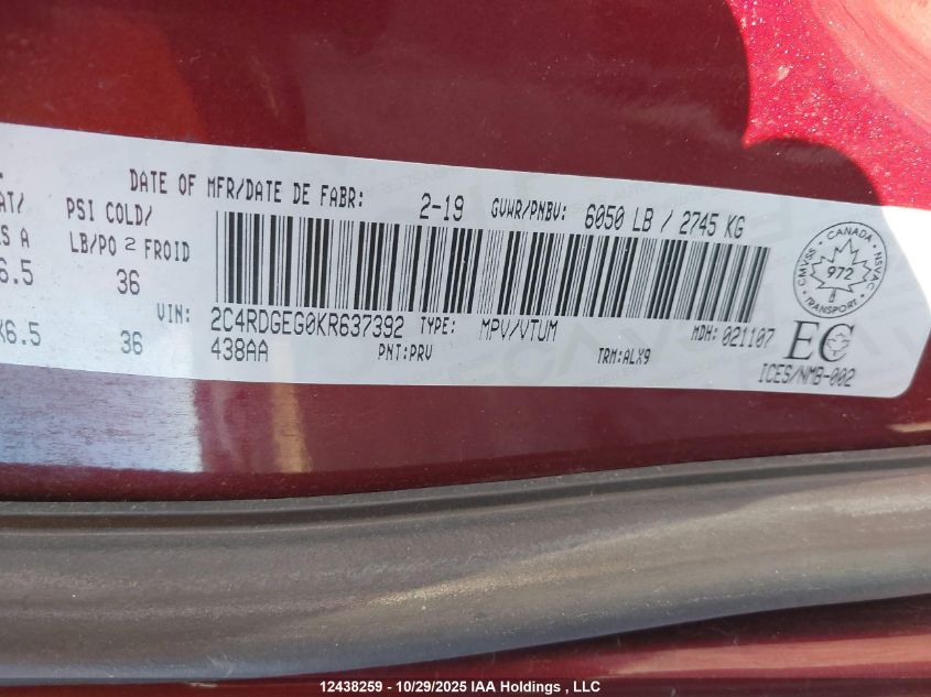 2019 Dodge Grand Caravan Gt VIN: 2C4RDGEG0KR637392 Lot: 12438259