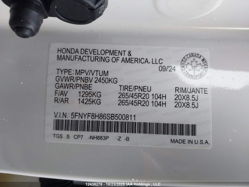 2025 Honda Passport Black Edition VIN: 5FNYF8H86SB500811 Lot: 12438278