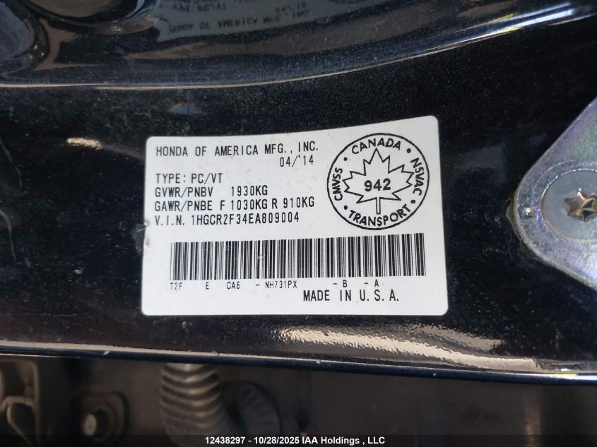 2014 Honda Accord VIN: 1HGCR2F34EA809004 Lot: 12438297