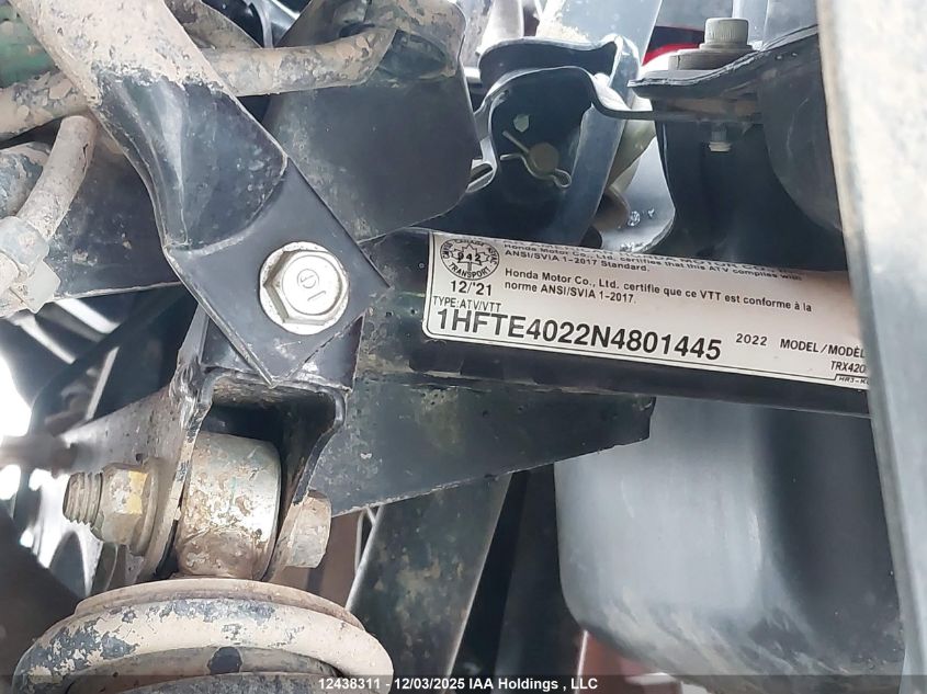 2022 Honda Trx420 Fm VIN: 1HFTE4022N4801445 Lot: 12438311