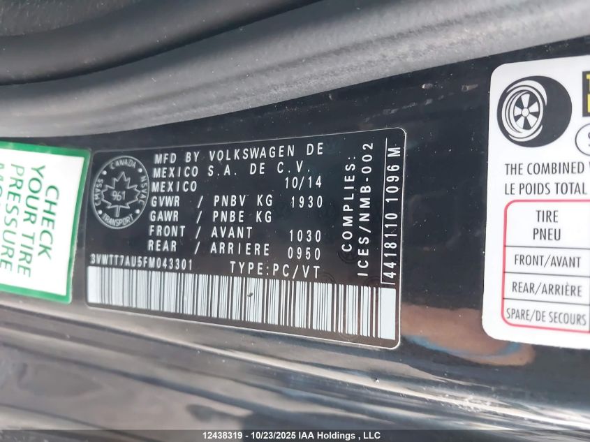 2015 Volkswagen Gti VIN: 3VWTT7AU5FM043301 Lot: 12438319