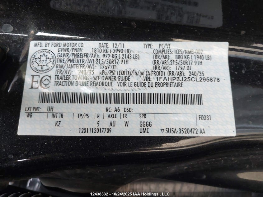 1FAHP3J25CL295878 2012 FORD FOCUS photo no. 9