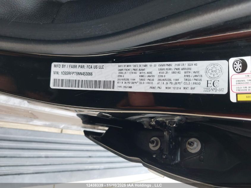 2022 Ram 1500 Limited VIN: 1C6SRFPT9NN453066 Lot: 12438339