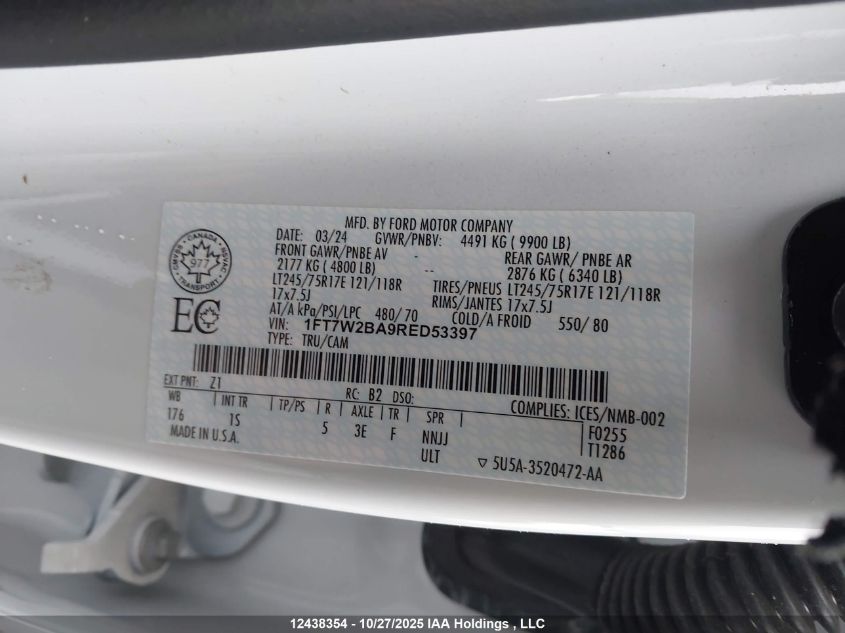 2024 Ford F250 Super Duty VIN: 1FT7W2BA9RED53397 Lot: 12438354