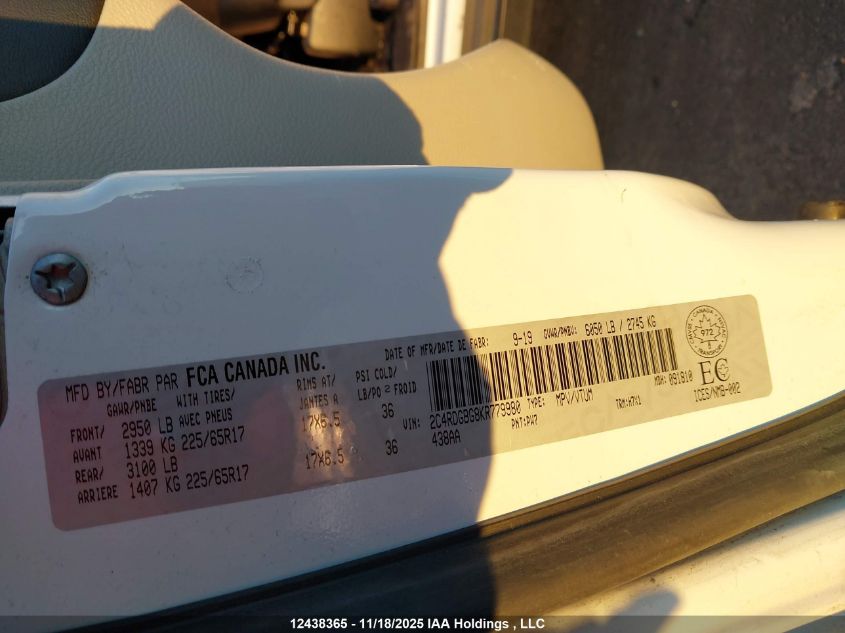 2019 Dodge Grand Caravan VIN: 2C4RDGBG8KR779980 Lot: 12438365