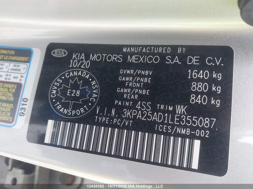 3KPA25AD1LE355087 2020 KIA RIO photo no. 9