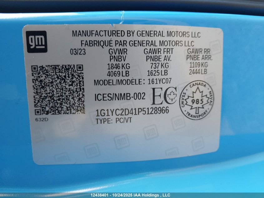 2023 Chevrolet Corvette VIN: 1G1YC2D41P5128966 Lot: 12438401