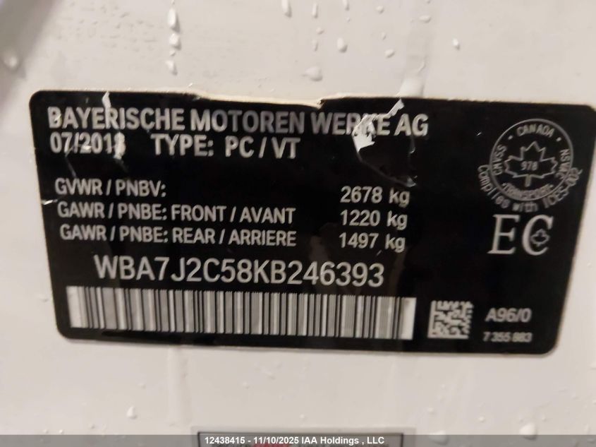 2019 BMW 7 Series VIN: WBA7J2C58KB246393 Lot: 12438415