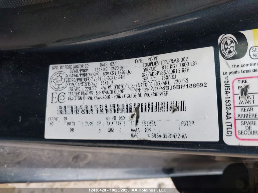 2011 Ford Fiesta Se VIN: 3FADP4BJ5BM188692 Lot: 12438420