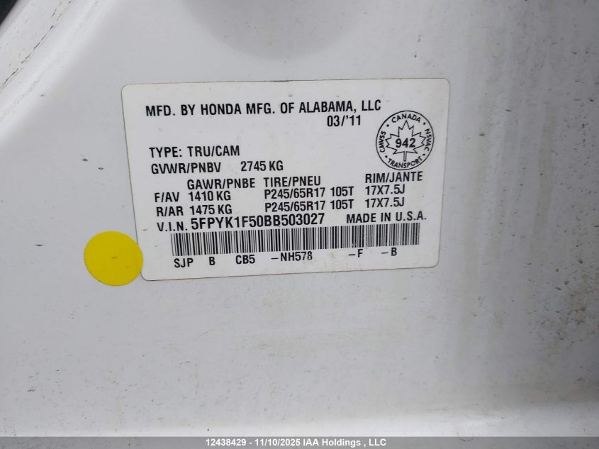 2011 Honda Ridgeline Ex-L/Vp VIN: 5FPYK1F50BB503027 Lot: 12438429