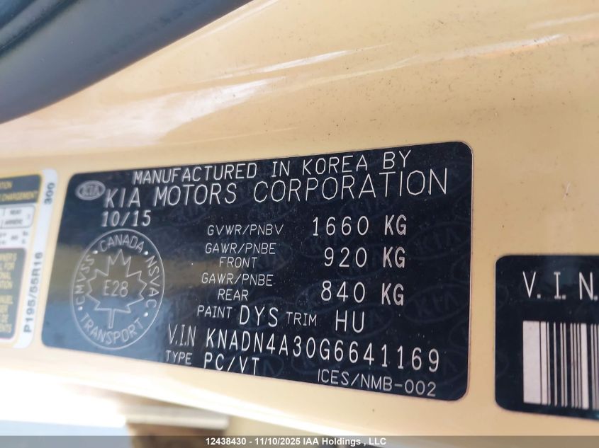 2016 Kia Rio VIN: KNADN4A30G6641169 Lot: 12438430