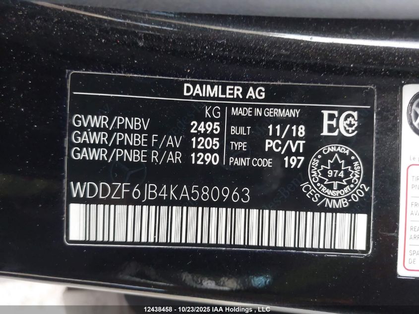 2019 Mercedes-Benz E 450 4Matic VIN: WDDZF6JB4KA580963 Lot: 12438458