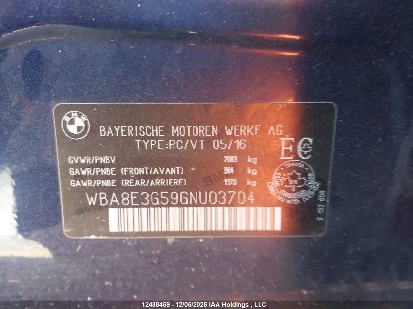 2016 BMW 328I xDrive VIN: WBA8E3G59GNU03704 Lot: 12438459