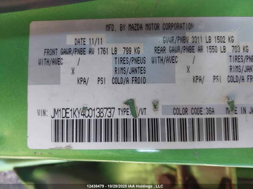 2012 Mazda Mazda2 VIN: JM1DE1KY4C0138737 Lot: 12438479