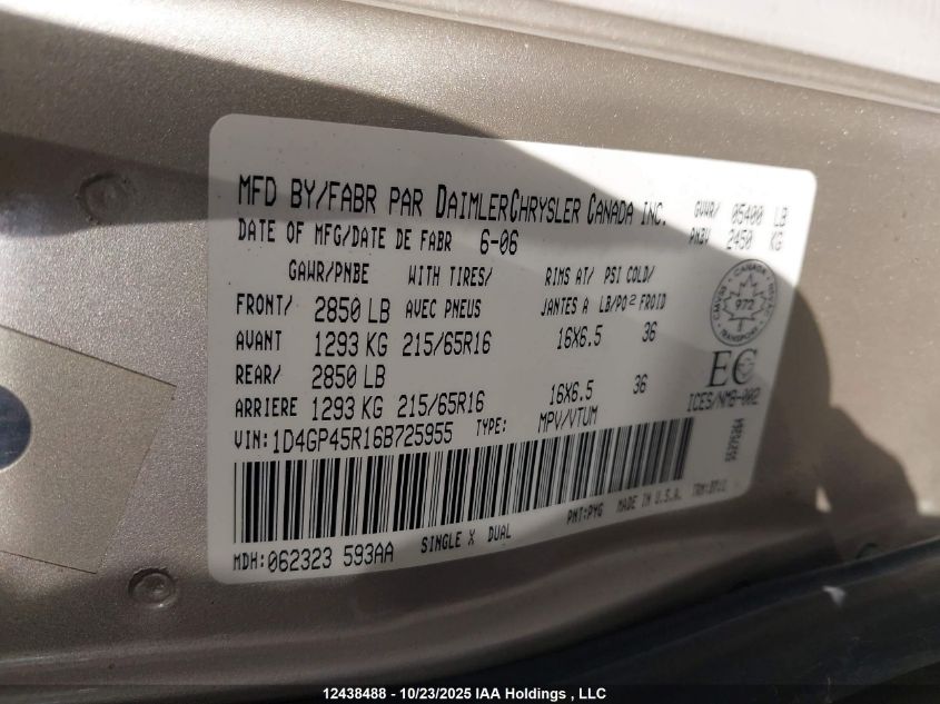 2006 Dodge Caravan Sxt VIN: 1D4GP45R16B725955 Lot: 12438488