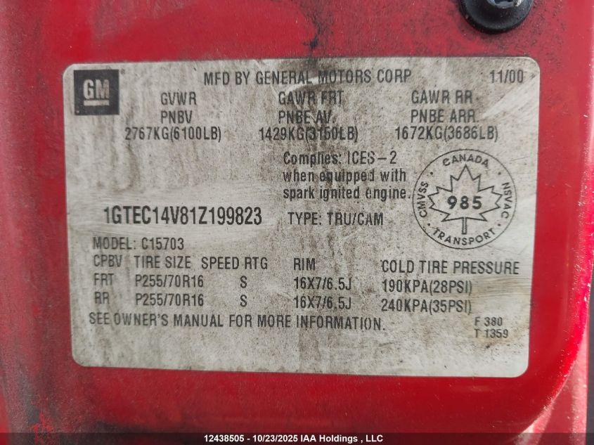 2001 GMC New Sierra C1500 VIN: 1GTEC14V81Z199823 Lot: 12438505