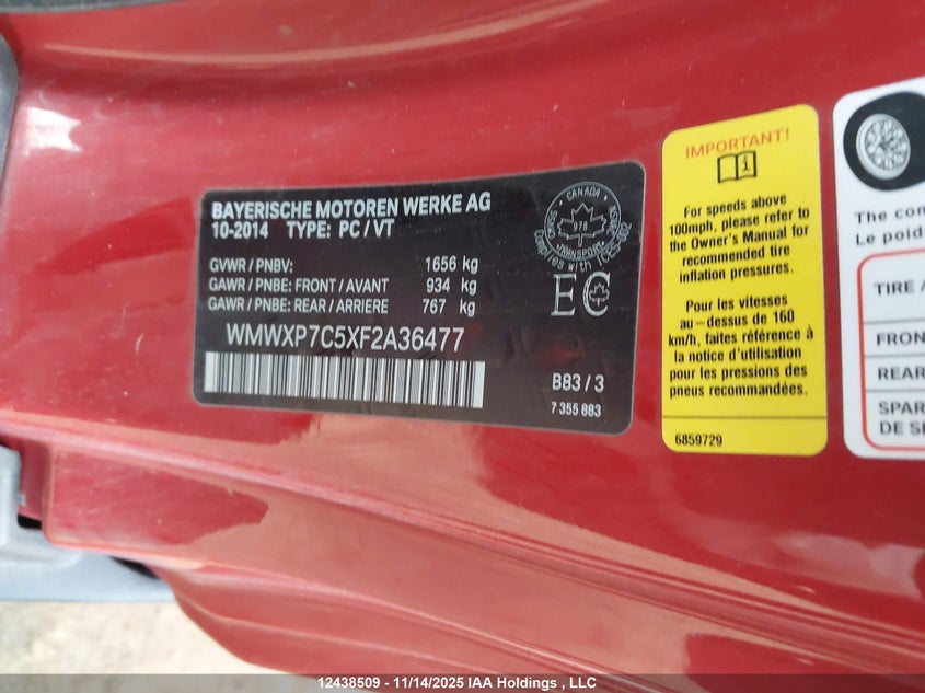 2015 Mini 3 Door Cooper S VIN: WMWXP7C5XF2A36477 Lot: 12438509