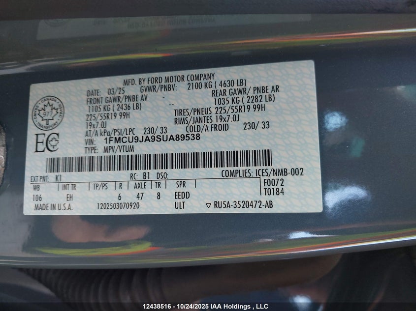 1FMCU9JA9SUA89538 2025 FORD ESCAPE photo no. 9