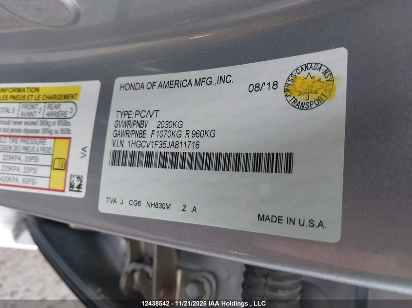 1HGCV1F35JA811716 2018 HONDA ACCORD photo no. 9