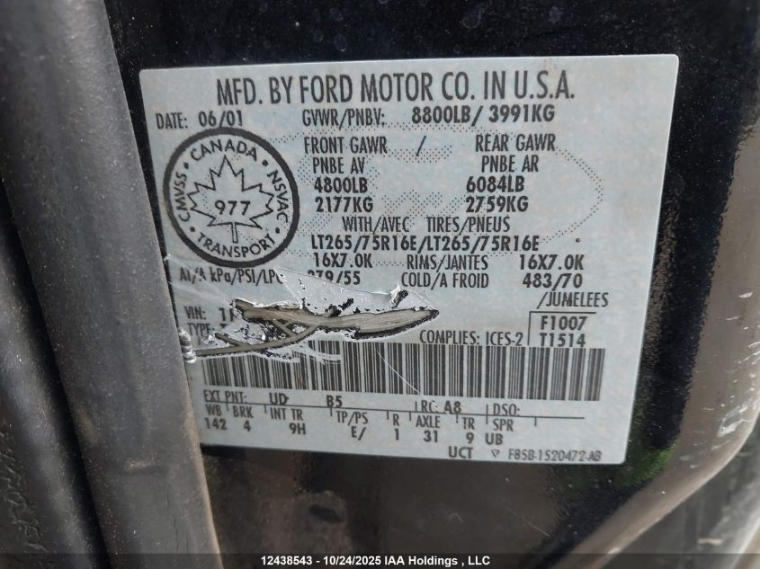 2001 Ford F-250 Lariat/Xl/Xlt VIN: 1FTNX21F31ED63932 Lot: 12438543