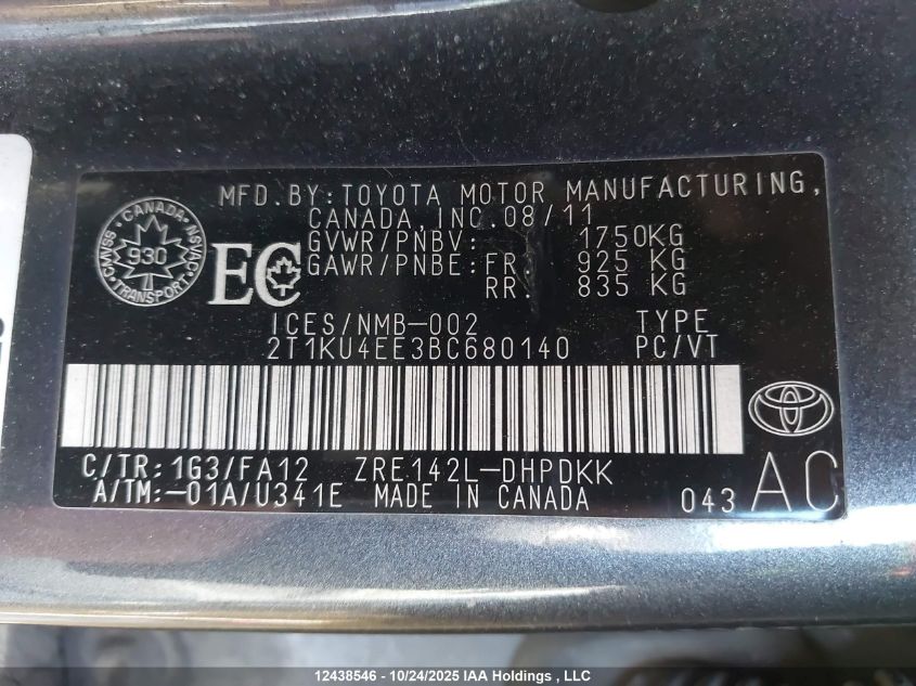 2011 Toyota Corolla Matrix VIN: 2T1KU4EE3BC680140 Lot: 12438546