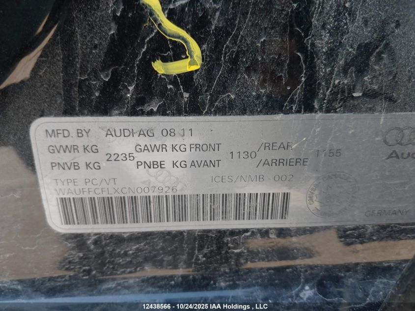 2012 Audi A4 Premium VIN: WAUFFCFLXCN007926 Lot: 12438566