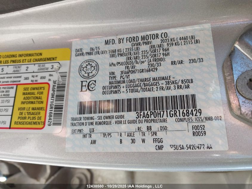 2016 Ford Fusion Se VIN: 3FA6P0H71GR168429 Lot: 12438580