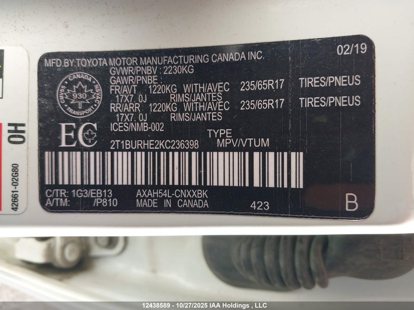 2T1BURHE2KC236398 2019 TOYOTA COROLLA photo no. 18