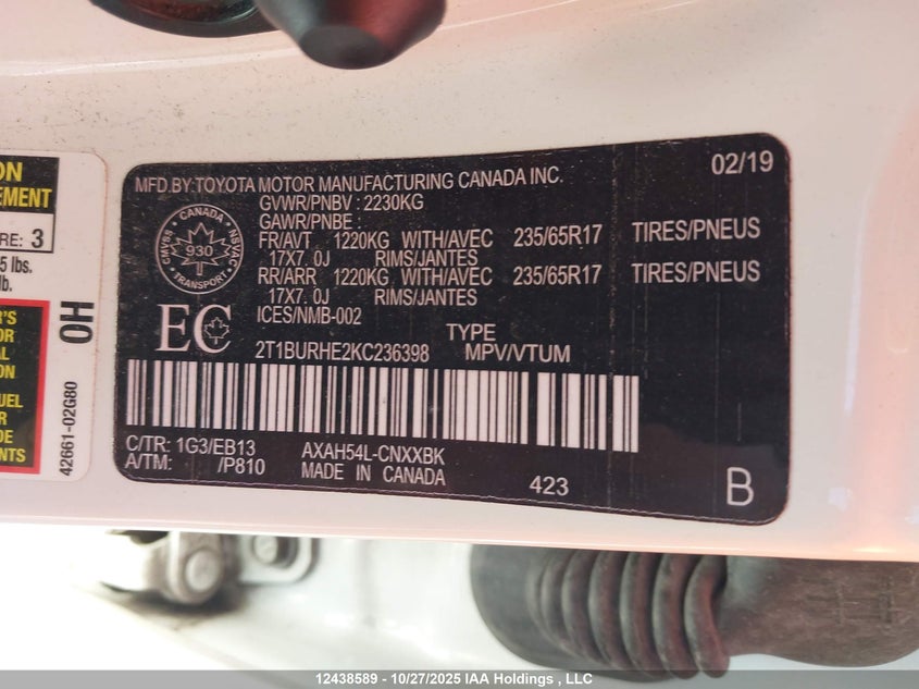 2T1BURHE2KC236398 2019 TOYOTA COROLLA photo no. 9