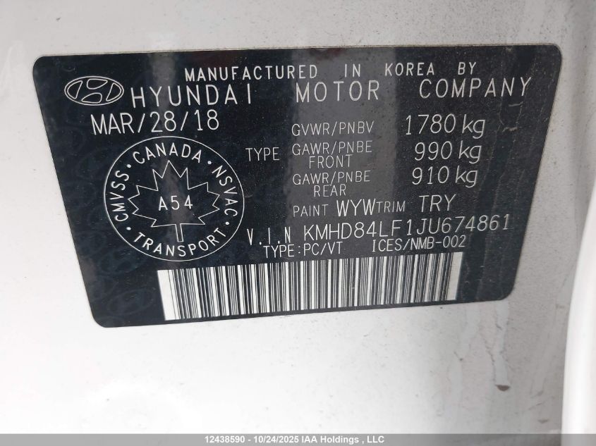 2018 Hyundai Elantra Gl Se VIN: KMHD84LF1JU674861 Lot: 12438590