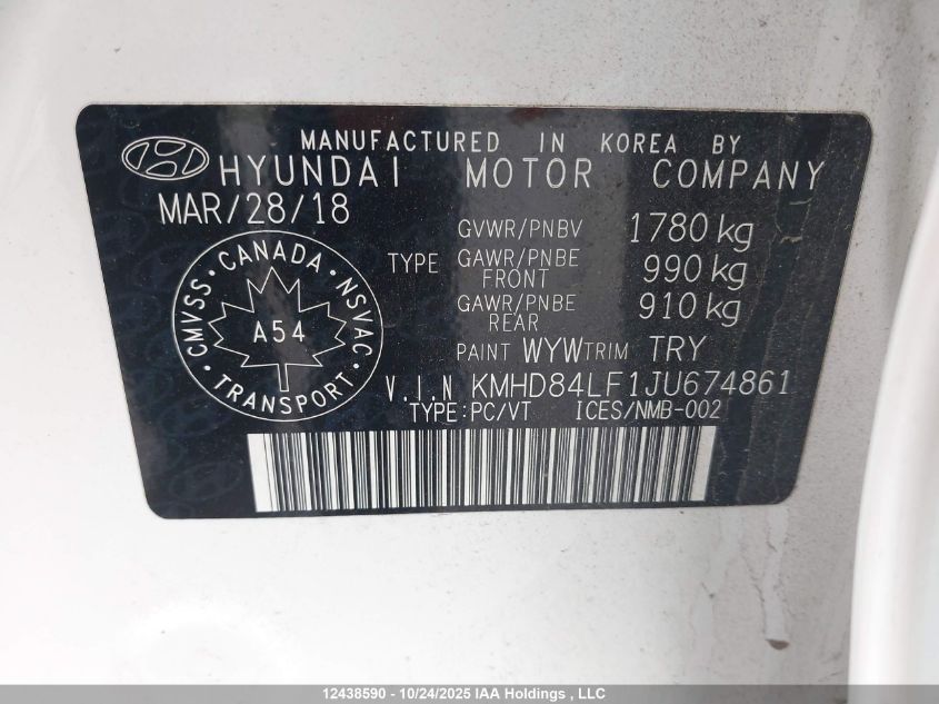 2018 Hyundai Elantra Gl Se VIN: KMHD84LF1JU674861 Lot: 12438590