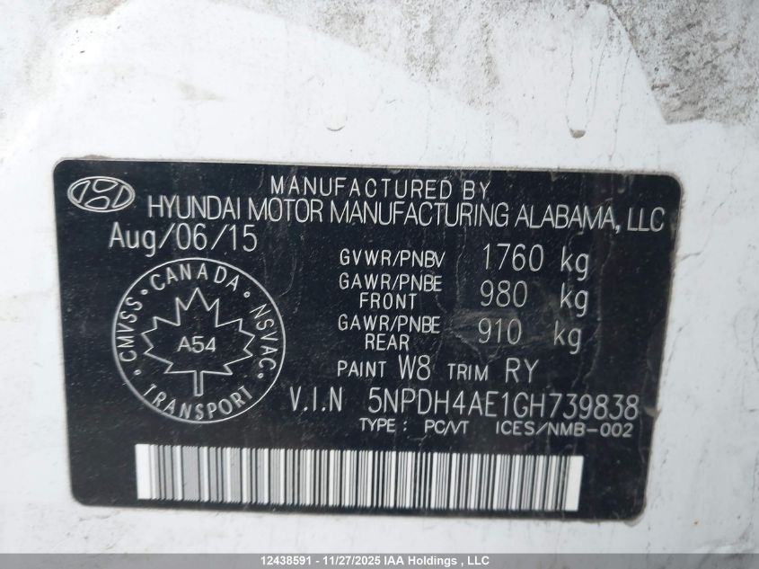 2016 Hyundai Elantra Se/Sport/Limited VIN: 5NPDH4AE1GH739838 Lot: 12438591