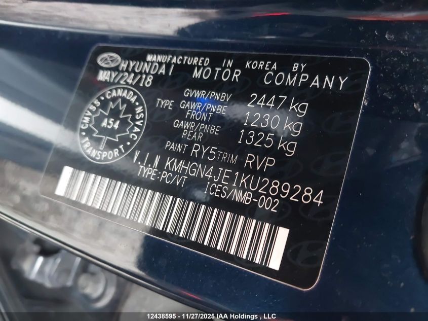 2019 Genesis G80 3.8 Technology VIN: KMHGN4JE1KU289284 Lot: 12438595