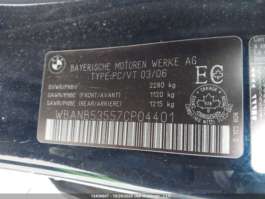 2007 BMW 550I VIN: WBANB53557CP04401 Lot: 12438607