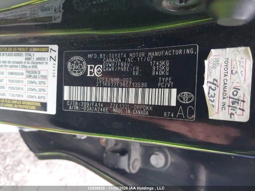 2008 Toyota Matrix Wagon VIN: 2T1KR32E38C713596 Lot: 12438628